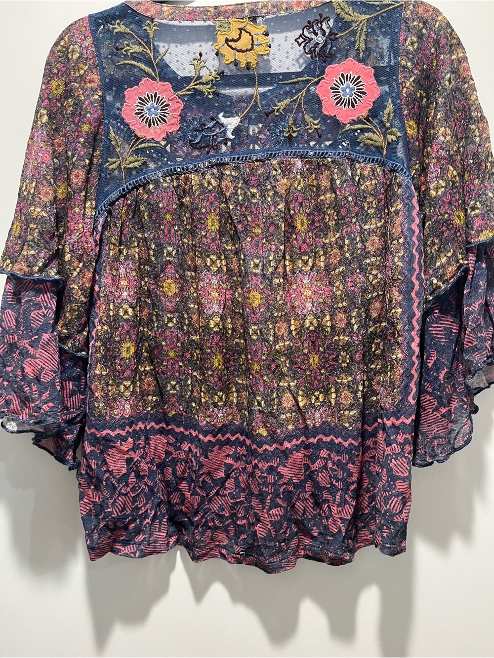 Anthropologie Boho Floral Peasant Top in Pink and Navy - Picture 4 of 7